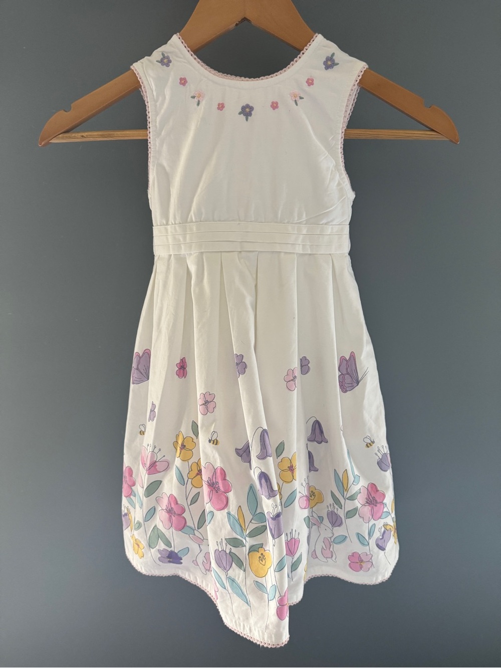 JoJo Maman Bebe White Sundress with Pink, Purple & Yellow Floral Border